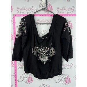 twik shirt blouse flowers Black Peasant Blouse with Floral Embroidery